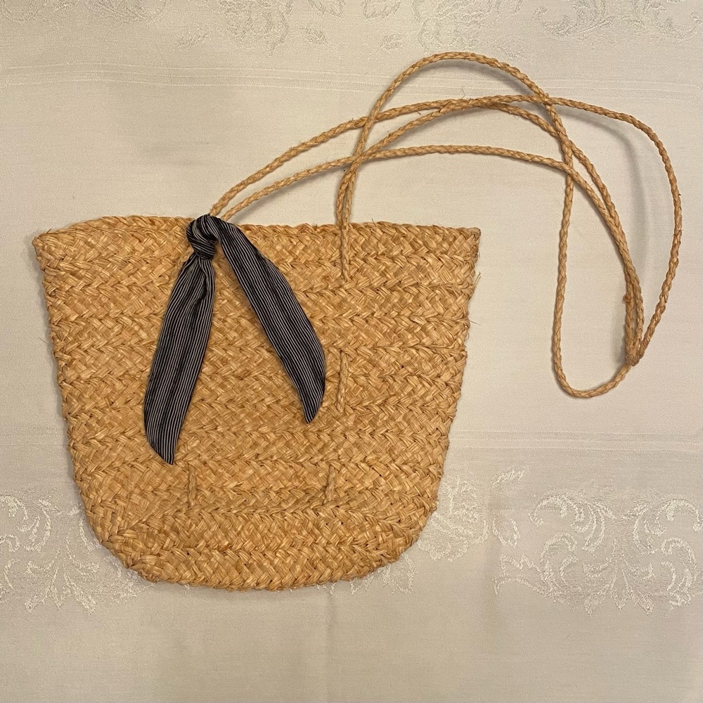 Buji baja woven straw purse, bag with black and white tie trim